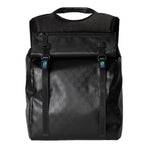 Black backpack with a pattern on a light gray background