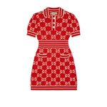 Red dress with Gucci logo pattern on a light gray background