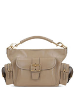 Beige handbag with gold accents on a white background