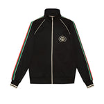 Black Gucci zip jacket with red and green stripes on a white background