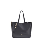 Black handbag with gold buttons on a white background