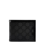 Black leather wallet with Gucci logo pattern on a white background