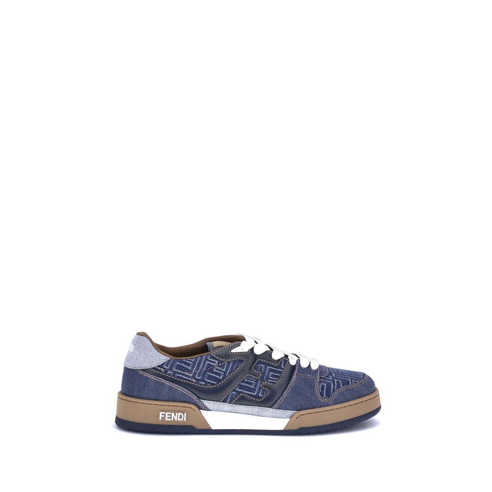 Blue sneaker with brown accents on a white background