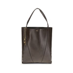 Brown leather tote bag with a chain detail on a white background