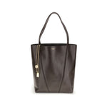 Black leather tote bag with gold chain and tag on a white background