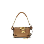 Brown handbag with gold accents on a white background