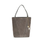Gray tote bag with a gold chain detail on a white background