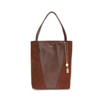 Brown leather tote bag with gold chain detail on a white background