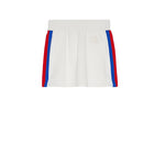 White Gucci mini skirt with red and blue stripes on a light gray background