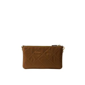 Brown quilted clutch bag on a light gray background