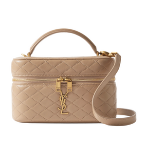 Beige leather shoulder bag with gold hardware on a white background, featuring the Saint Laurent brand.