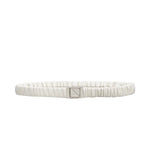 White belt with a silver buckle on a light gray background