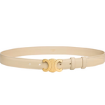 Beige Celine belt with a gold buckle on a white background