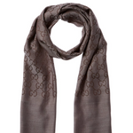 Gucci scarf on a white background with product details and purchase options.