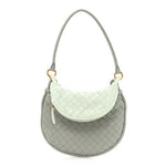 Luxury Bottega Veneta Gray handbag with a light green woven top section on a white background