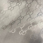 Close-up of a textured Gucci fabric with a repeated pattern.