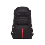 Black backpack with a red stripe on a white background