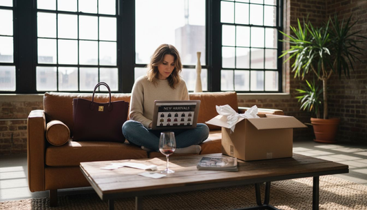 Woman browsing luxury fashion on laptop at home