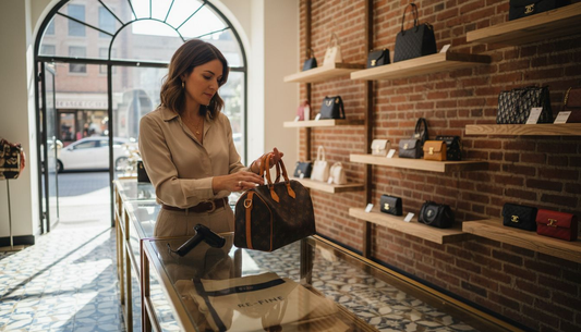 Customer inspecting designer handbag in resale boutique