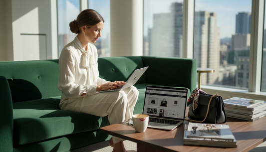 Woman shopping luxury fashion online from apartment