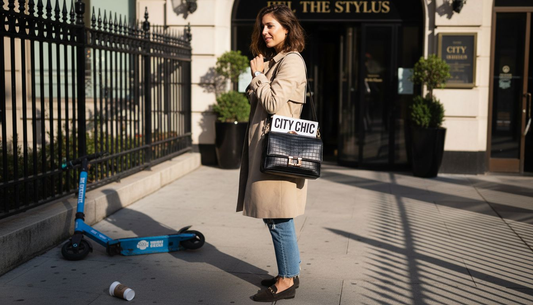 Woman adjusting designer handbag on city street