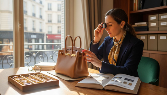 Expert authenticating luxury handbag in boutique office