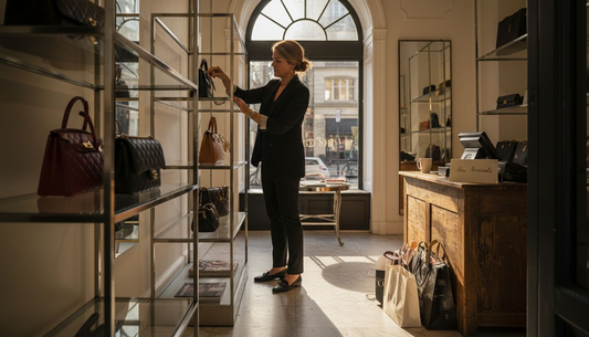 Manager arranging designer bags in consignment store