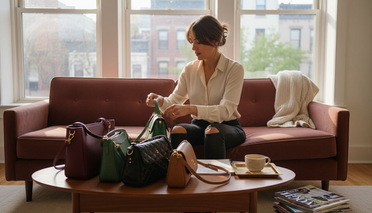 Woman curating designer bags in living room