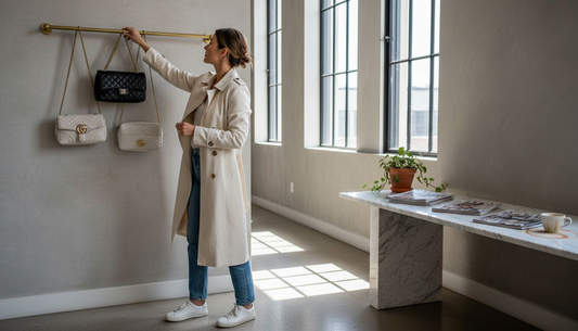 Woman hanging designer handbags in chic entryway