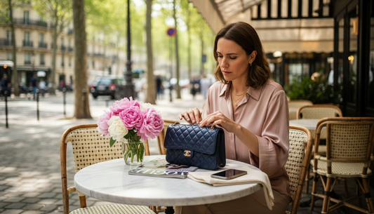 Smart shopper examines authentic designer handbag at cafe