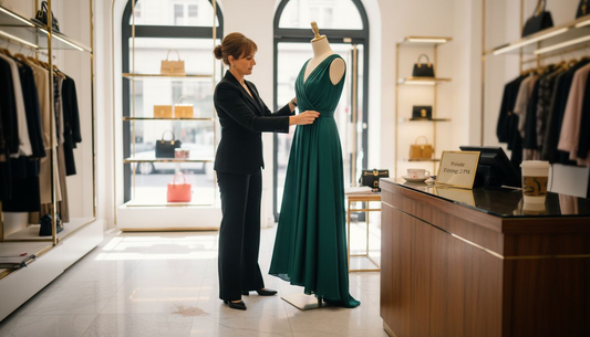 Manager adjusting dress in luxury boutique
