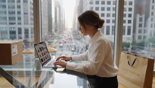 Woman searching for designer fashion online at home