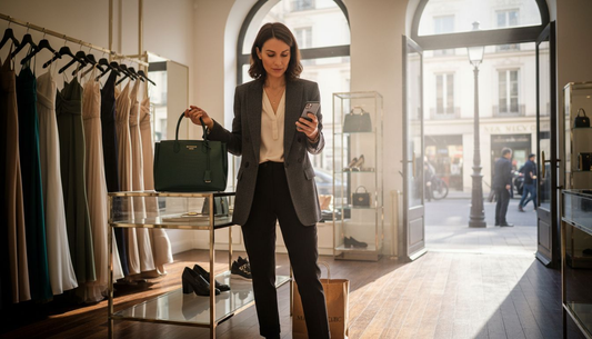 Woman shopping in luxury fashion boutique with designer items