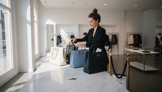 Boutique associate arranging luxury tote bags display