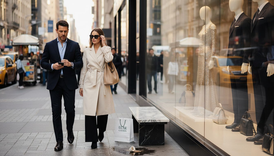 Couple in luxury fashion walking city street
