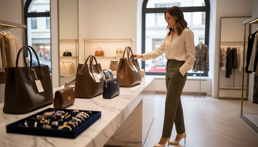 Woman browsing luxury handbags in boutique