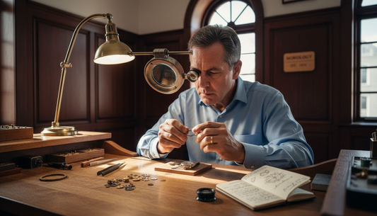 Watchmaker inspecting mechanical luxury watch