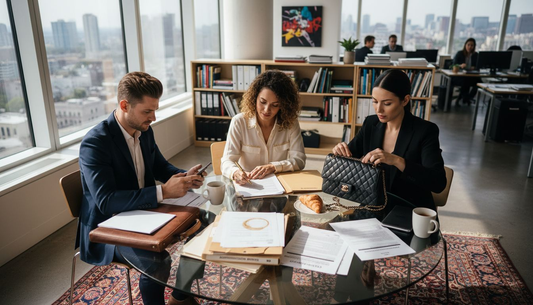 Office team authenticating luxury handbags