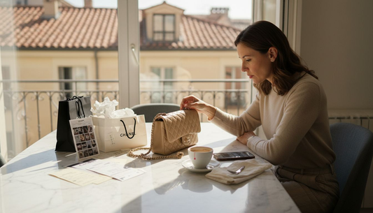 Woman examines designer bag for resale