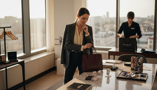 Woman examining luxury handbag in boutique