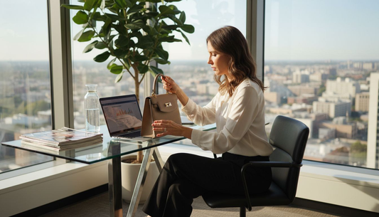 Woman evaluating designer handbag in office