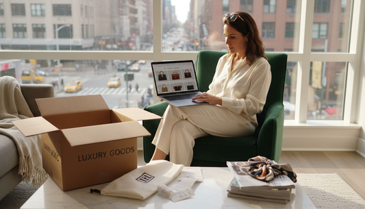 Woman shopping luxury fashion online at home