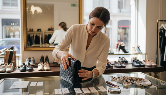 Customer authenticating designer bag in boutique