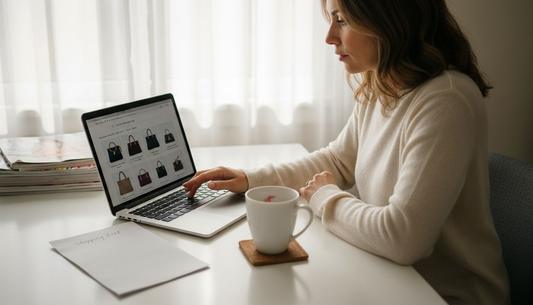 Woman shopping luxury handbags online at kitchen table