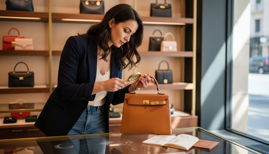 Woman examining designer handbag for authenticity