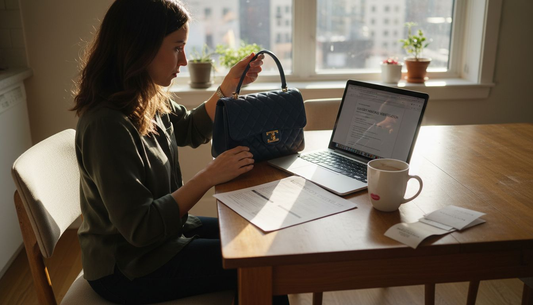 Woman checking handbag authenticity online