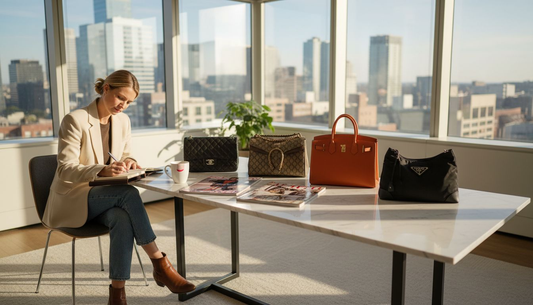 Designer handbags displayed in bright office setting