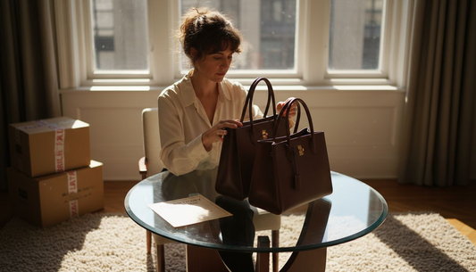 Woman inspecting pre-owned designer bag
