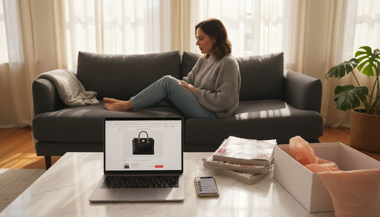 Woman shopping discounted luxury items online at home