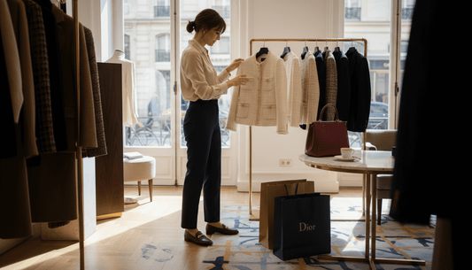 Client browsing ready-to-wear in luxury boutique